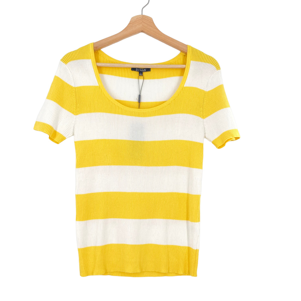 21 Main Rib Block Stripe Scoop Short Sleeve Tee Yellow White